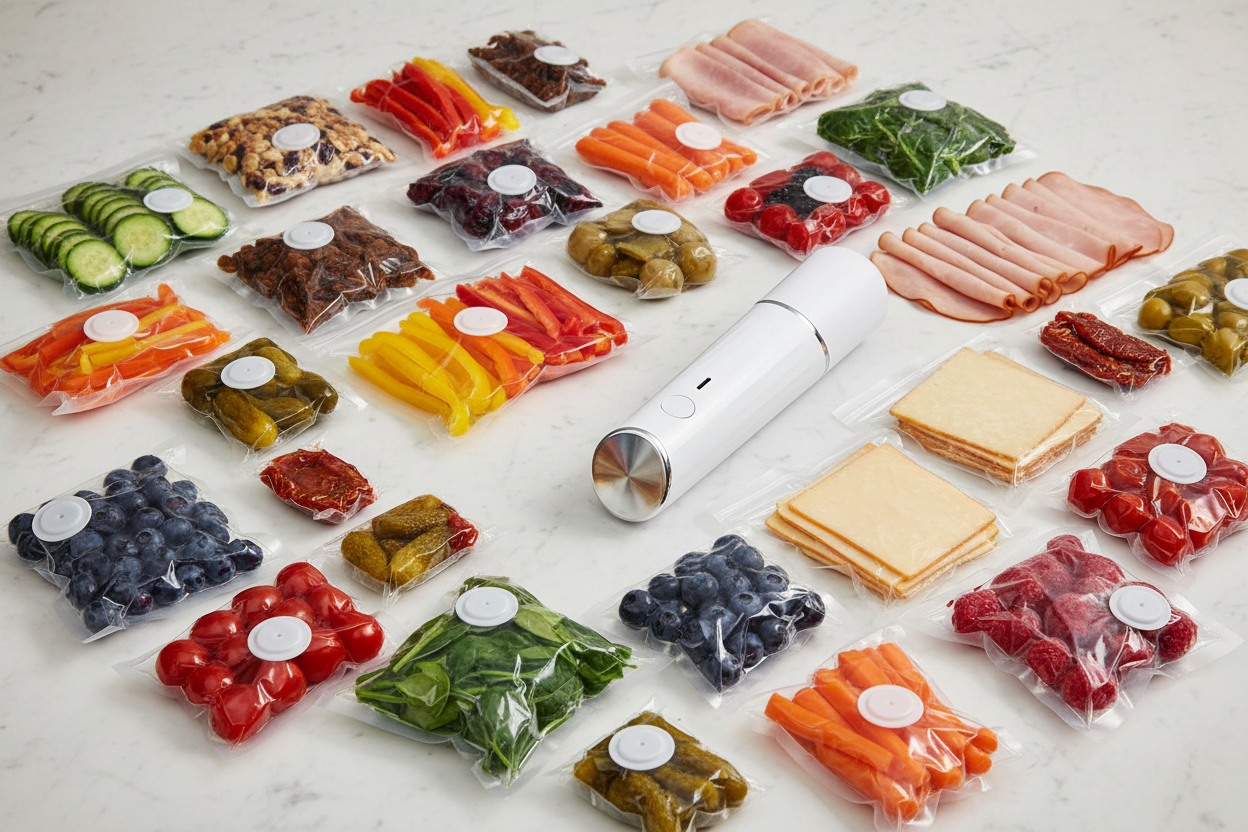 Kitchen scene with variety of packed food items and vacuum sealer