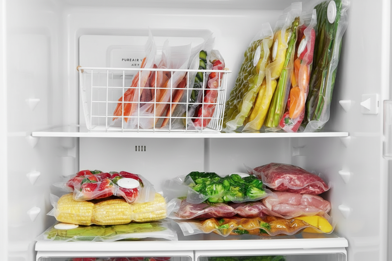Vacuum sealed food bags in refrigerator